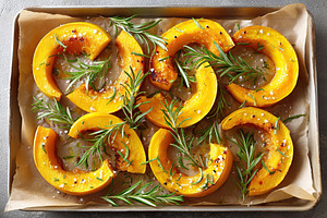 Delicious roasted butternut squash with fresh rosemary on a parchment-lined bak, a Food & Drink Photo by AlyaAnd