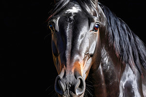 Stunning black horse portrait with glossy detailed features, an Animal Photo by GoodGoods