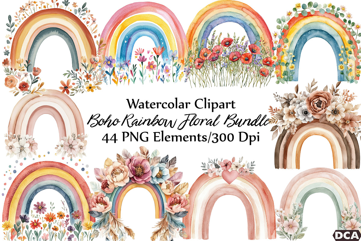 Boho Rainbow Floral Clipart, an Illustration by DreamCafeArt (Photo 1 of 6)