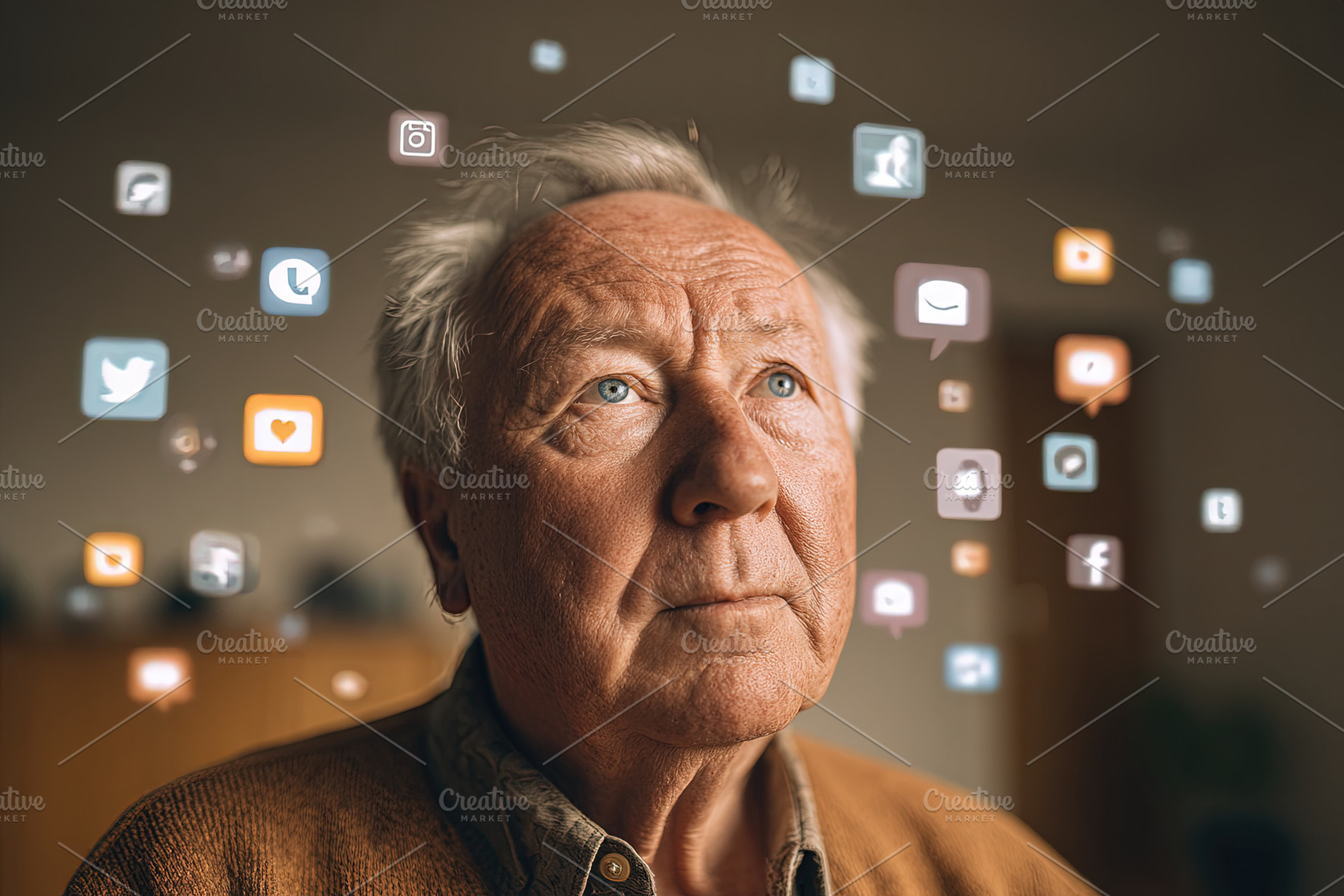 Portrait of thoughtful elderly man surrounded by floating social, an Abstract Photo by Ales Munt