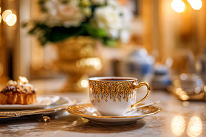 Elegant gold porcelain cup filled with hot coffee next to a deli, a Food & Drink Photo by Studio ANNA
