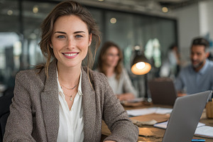 Confident businesswoman smiling in m, a Photo by Pixeness Studio