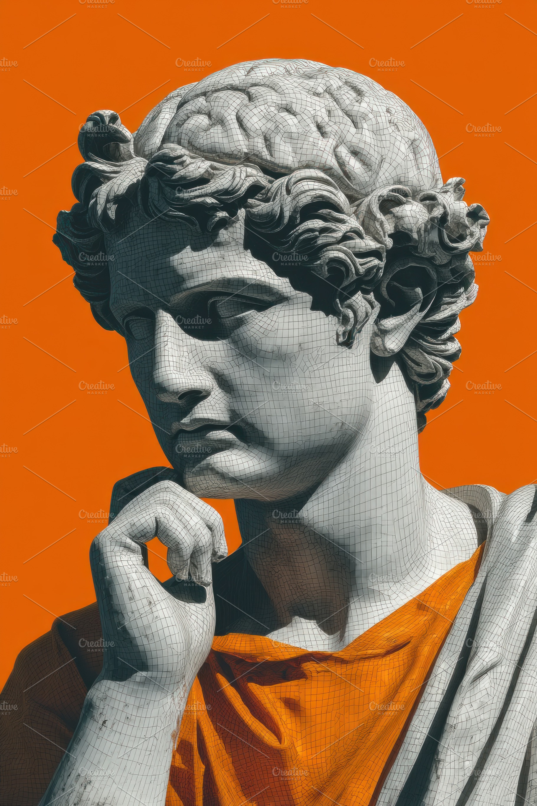 Classical marble statue in thoughtful pose with vivid orange bac, a Holiday Photo by José Manuel Gelpi