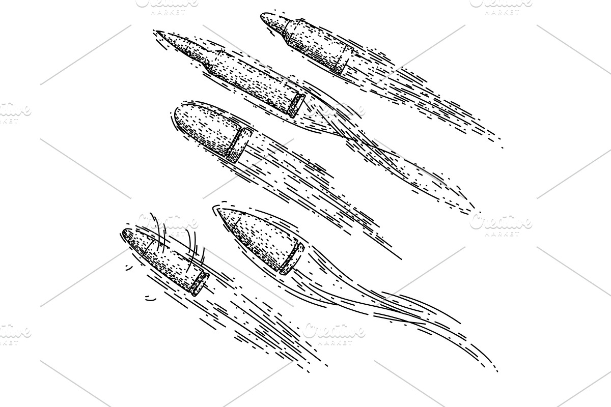 bullet flying set sketch hand drawn, an Illustration by pikepicture