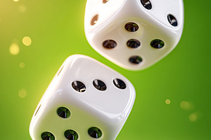 Glossy white playing dice suspended in mid-air against a green background, a Sports & Recreation Photo by AlyaAnd