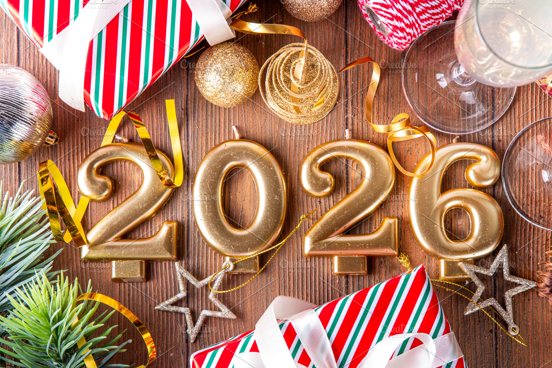 Festive Christmas and New Year 2026 background with champagne gl, a Photo by Rimma