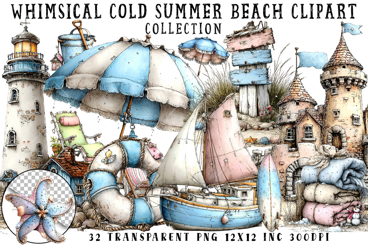 Whimsical Cold Summer Beach Clipart, an Illustration by OK Design (Photo 1 of 6)