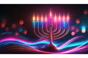 A glowing menorah with colorful lit, a Holiday Photo by Igor Tichonow