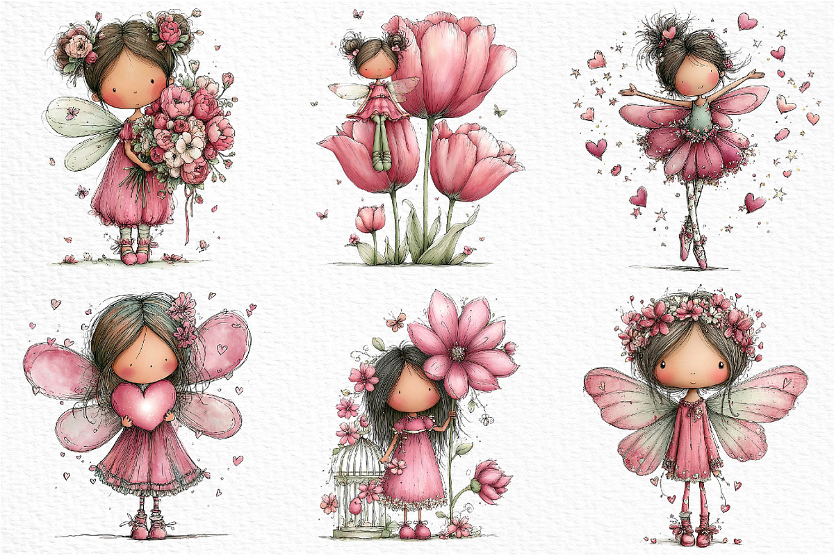 Whimsical Pink Fairy Clipart, a Seasonal Illustration by Craft Nest (Photo 3 of 6)