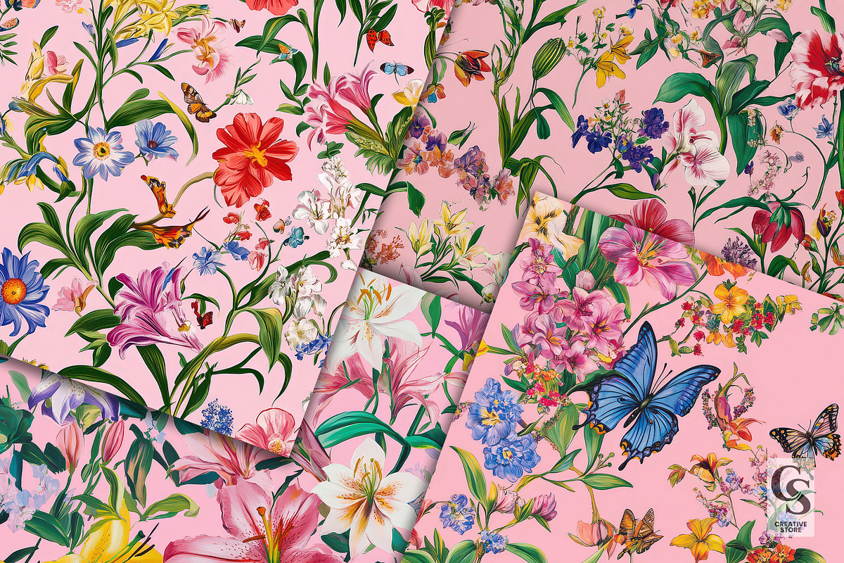 Pink Floral Garden Digital Papers, a Pattern Graphic by Creative Store (Photo 3 of 5)