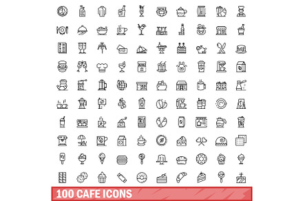 100 cafe icons set, outline style, a Food Illustration by Ylivdesign