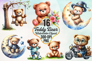 Watercolor Teddy Bear Clipart Bundle, an Animal Illustration by Craft Nest
