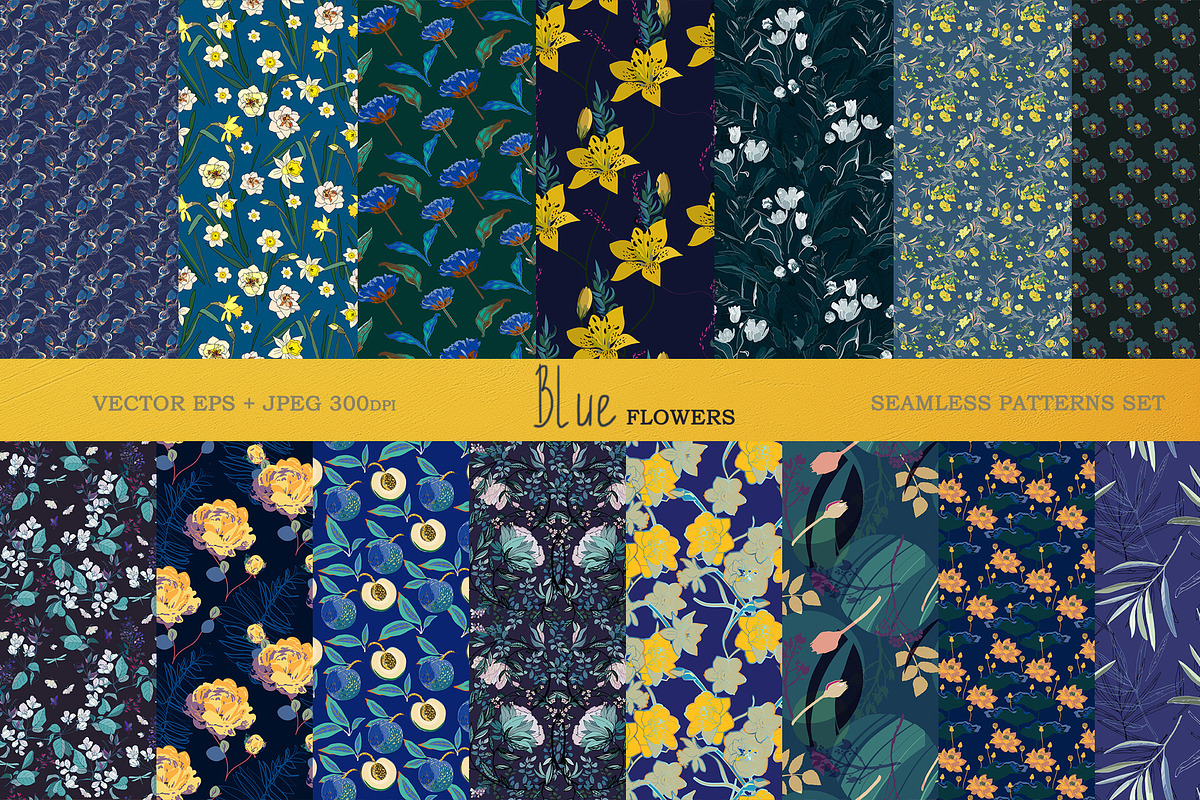 Blue floral seamless vector pack, a Pattern Graphic by PatternsBlooming