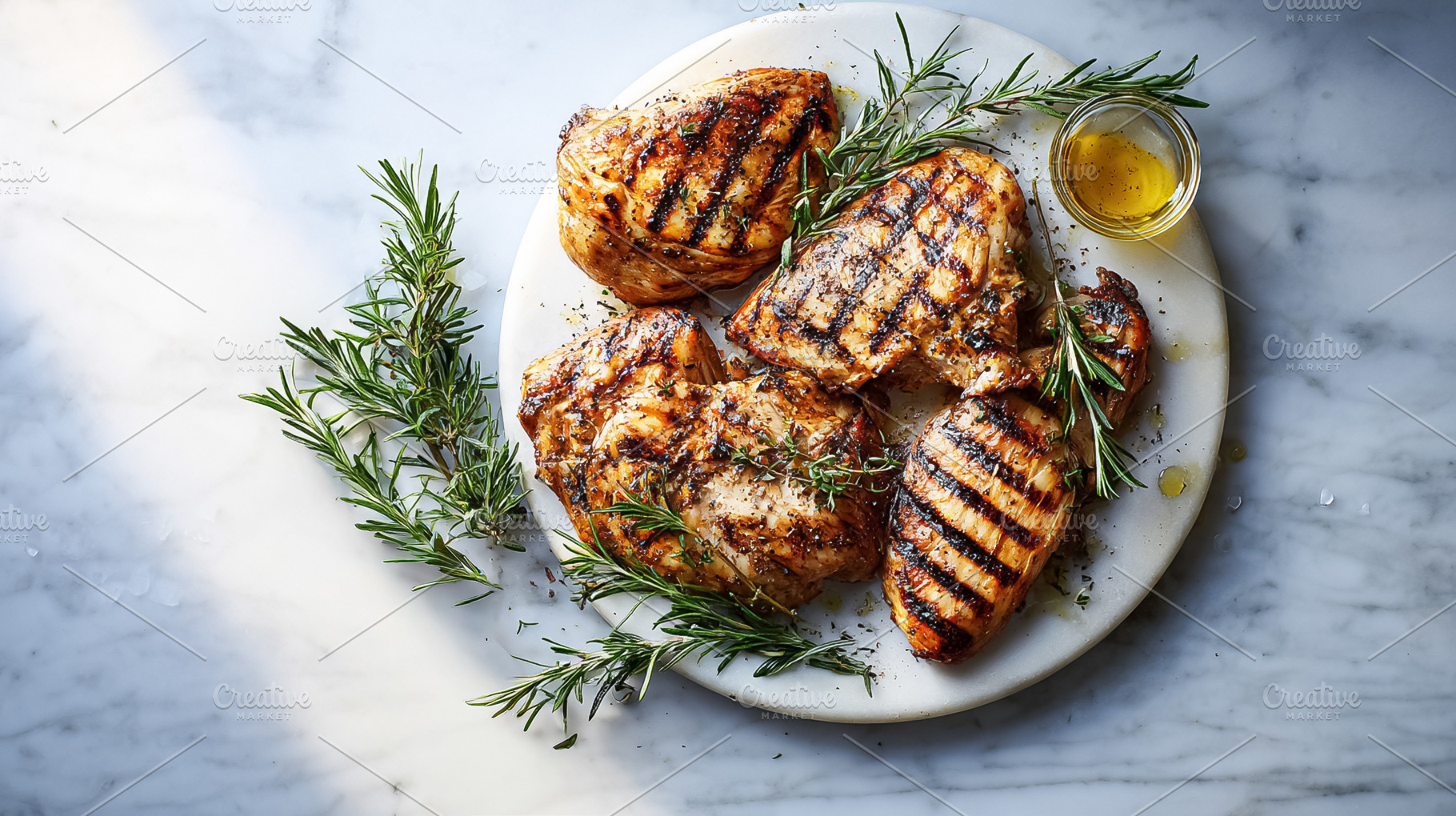 Grilled chicken breasts with crisp char marks, fresh rosemary sp, a Photo by Studio ANNA