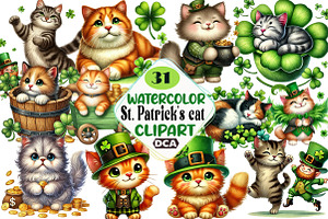 Watercolor St. Patrick's cat Clipart, an Illustration by DreamCafeArt