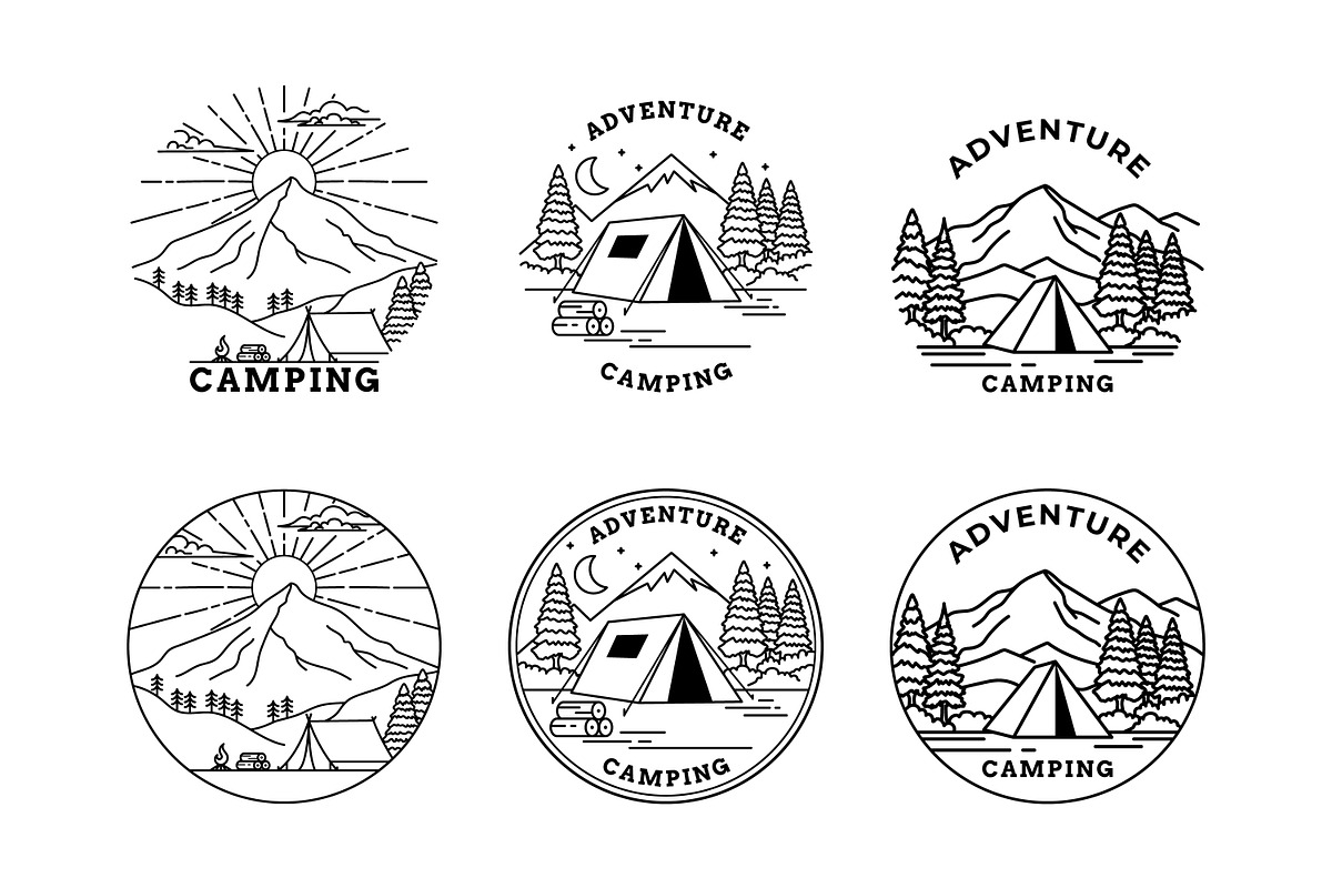 Camping Themed Line Art Illustration, a Branding & Logo Template by Saba Vector