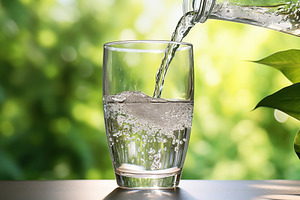 Pouring water from bottle into glass of water on blurred green background, a Food & Drink Photo by AlyaAnd