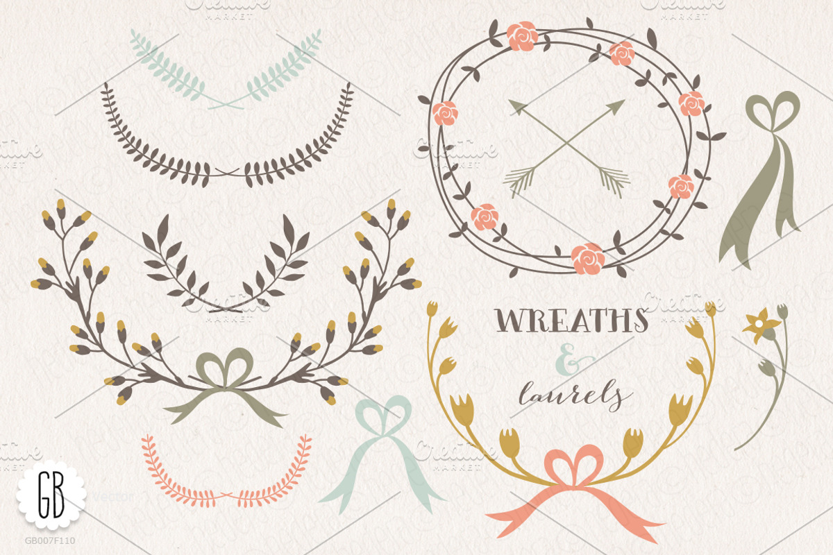 Wreaths laurels ribbons folk flowers, a Decorative Illustration by GrafikBoutique (Photo 2 of 2)