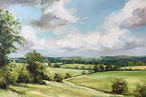 Lush green countryside scene with a winding dirt path, rolling h, an Illustration by Studio ANNA