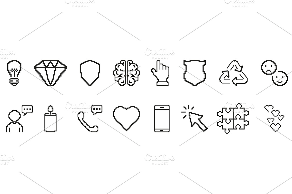 Pixel Art Icon Set. Diverse Symbols, an Illustration by Gentle Studio