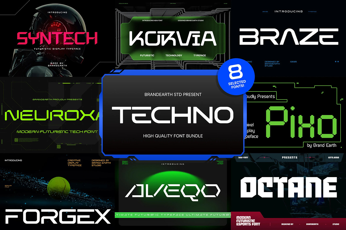 Techno – 8 Font Bundle, a Sans Serif Font by Brand Earth (Photo 1 of 9)
