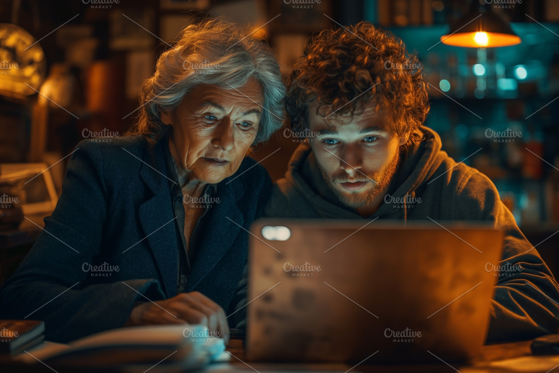 An elderly woman and a young man focus intently on a laptop screen, illuminated, a Person Photo by ImageMir