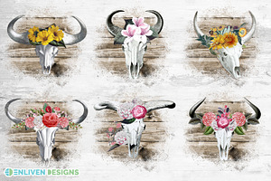 Boho Cow Skulls Flower Wood Cattle