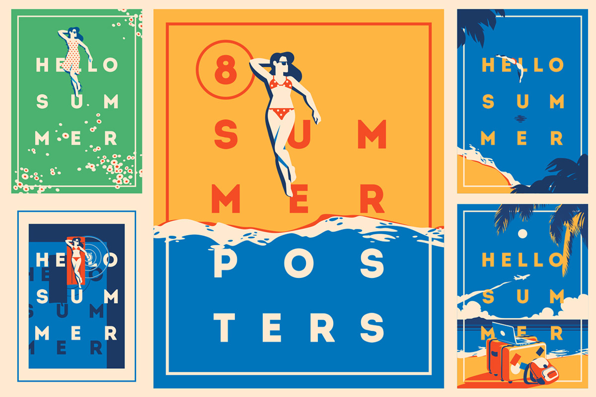 8 Summer Posters & Badge #1, a Decorative Illustration by Alexander Baidin (Photo 1 of 6)