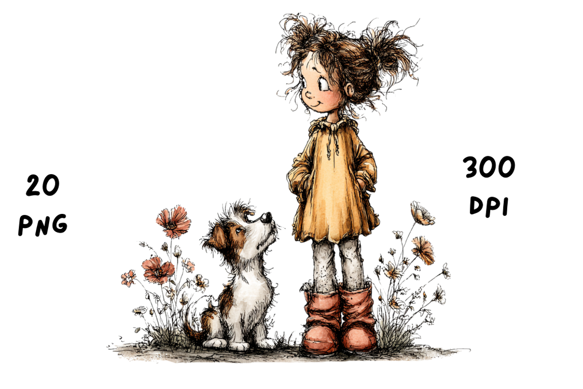 Whimsical Floral Girl and Puppy, an Animal Illustration by GiraffeCreative (Photo 16 of 20)