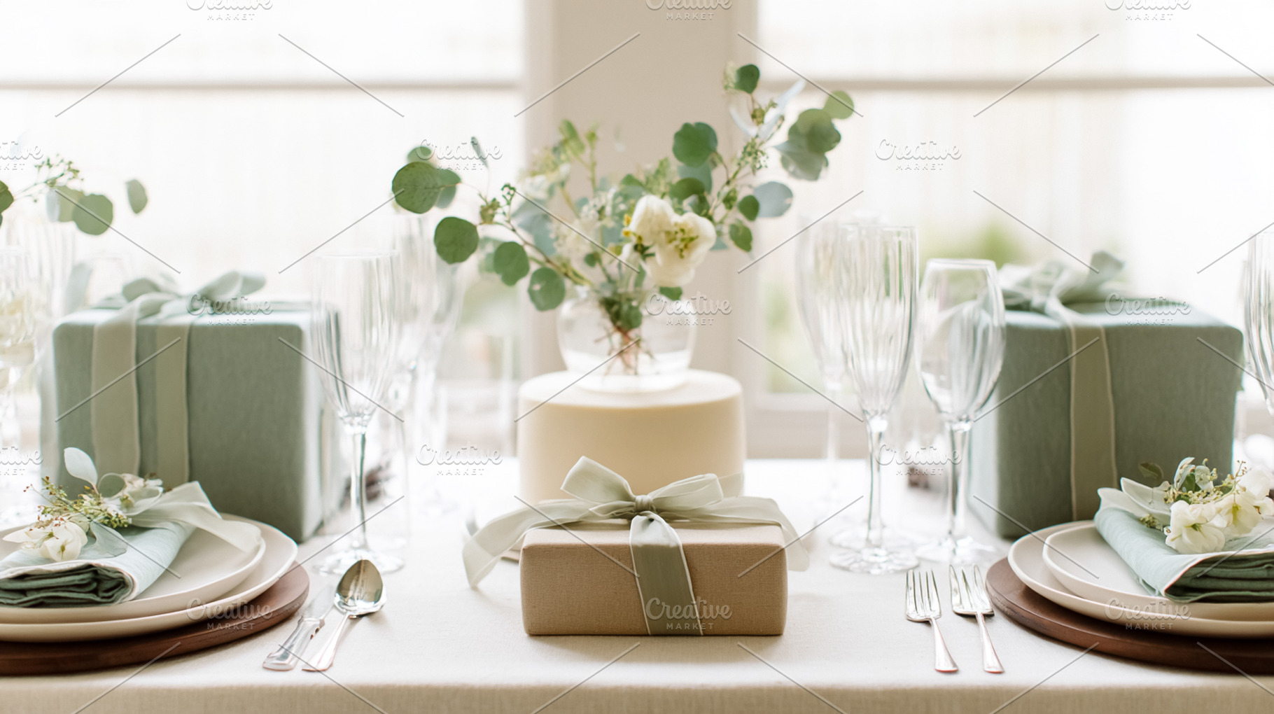 Table setting with elegant pale green gift boxes and eucalyptus, a Photo by Studio ANNA
