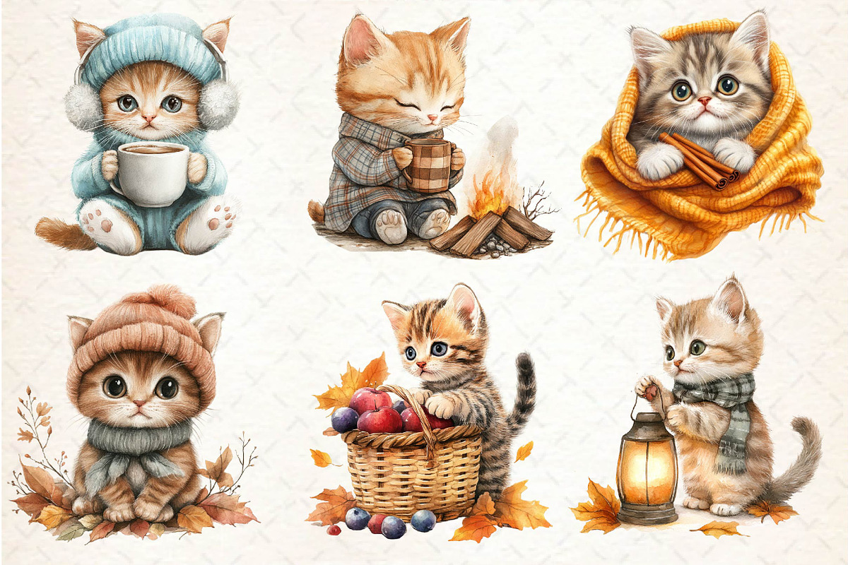 Watercolor Autumn Kitten Clipart, an Illustration by Dream Creation (Photo 2 of 6)