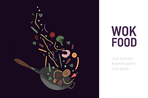 Wok food cards, seamless patterns, a Food Illustration by Good Studio