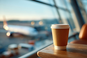 Coffee cup at sunset in airport lounge, a Food & Drink Photo by AlyaAnd