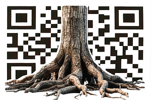 Tree trunk with roots and qr code, a Photo by DanFLCreativo