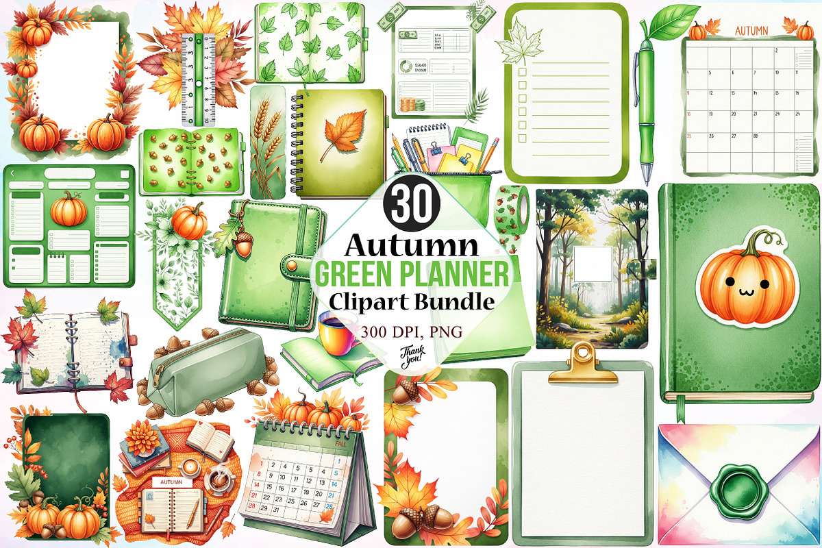 Autumn Green Planner Clipart Bundle, a Seasonal Illustration by Canvas Craft (Photo 1 of 8)