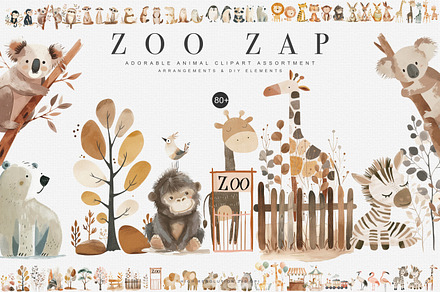 watercolor zoo animal clipart bundle, an Animal Illustration by Pink Studio Art