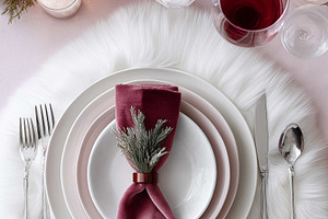 Elegant table setting with pink velvet napkin, faux fur, dinnerware, and lit ca, a Food & Drink Photo by Studio ANNA