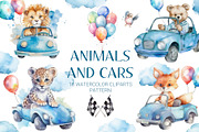 Watercolor Animals and Cars Cliparts, an Animal Illustration by AlineArtStore (Thumbnail 1 of 4)
