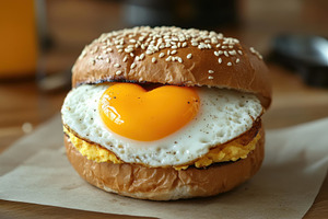 Delicious heart-shaped egg sandwich, a Photo by Tanuart