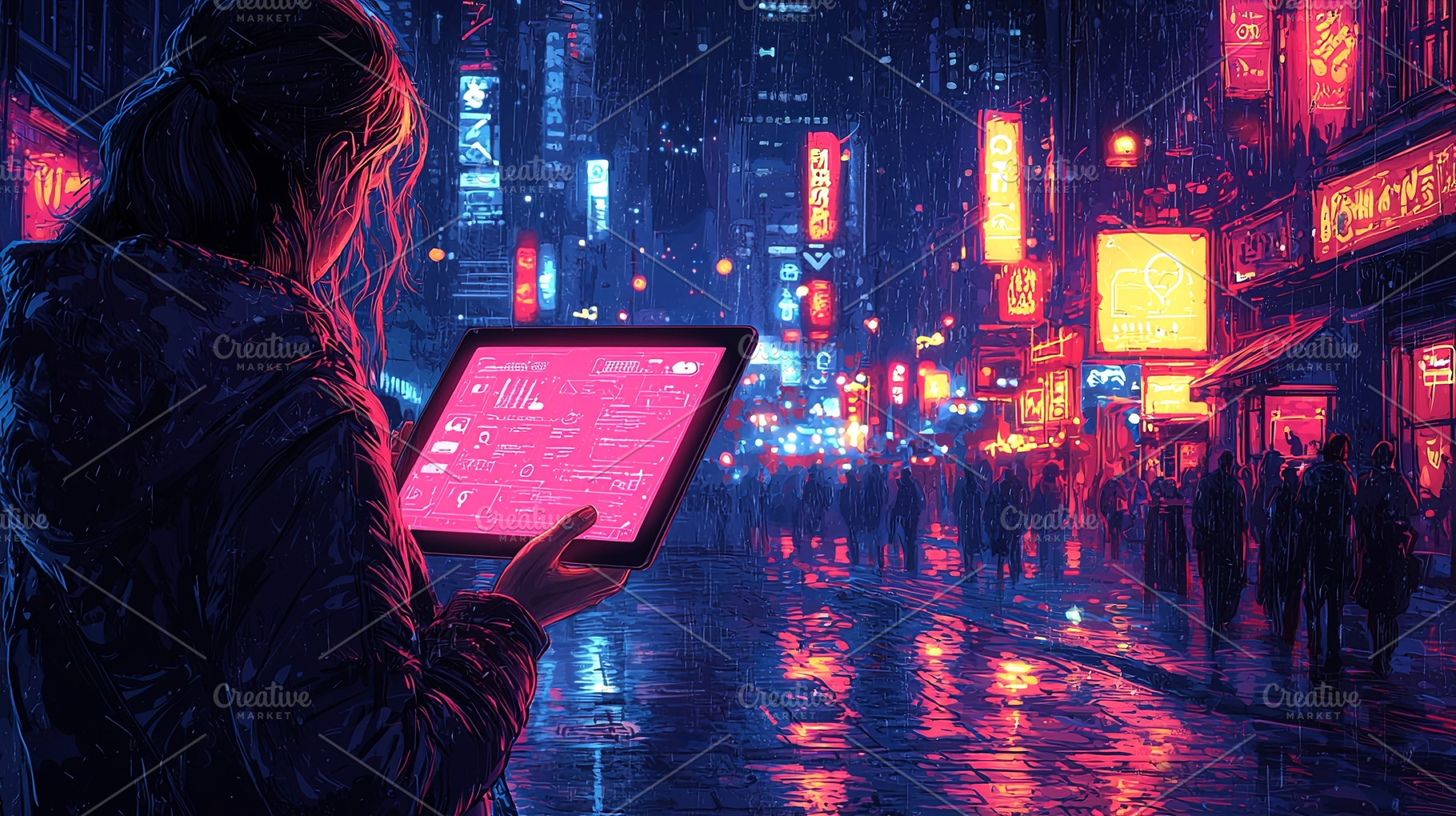 Person using digital device on vibrant city street at night in the rain, a Photo by AS photostudio