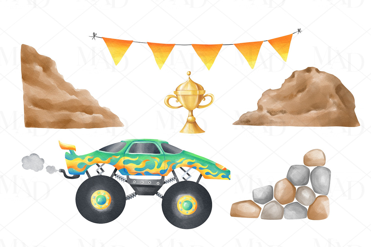 Watercolor Monster Truck Clipart Set, a Transportation Illustration by MiracleArtAndDesign (Photo 3 of 5)