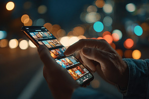 Man using smartphone app at night ci, a Photo by Pixeness Studio