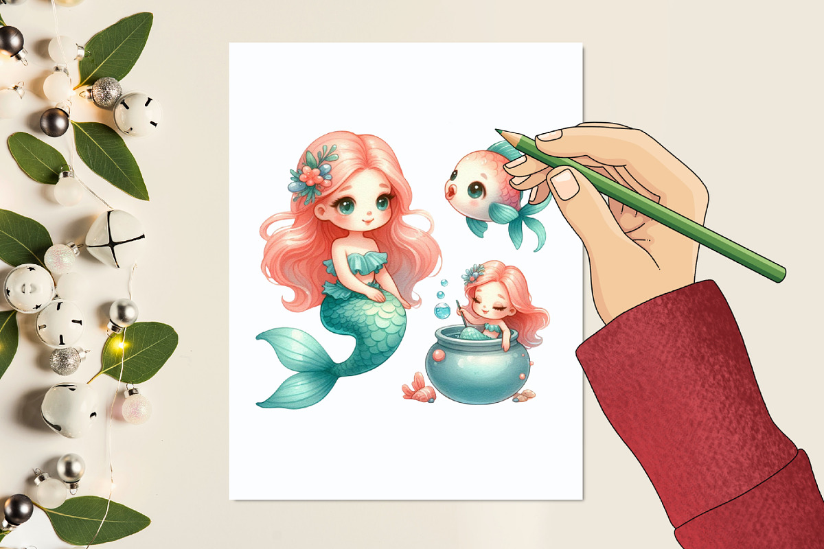 Cute Mermaid Watercolor Clipart, a Graphic by designcity5 (Photo 5 of 5)