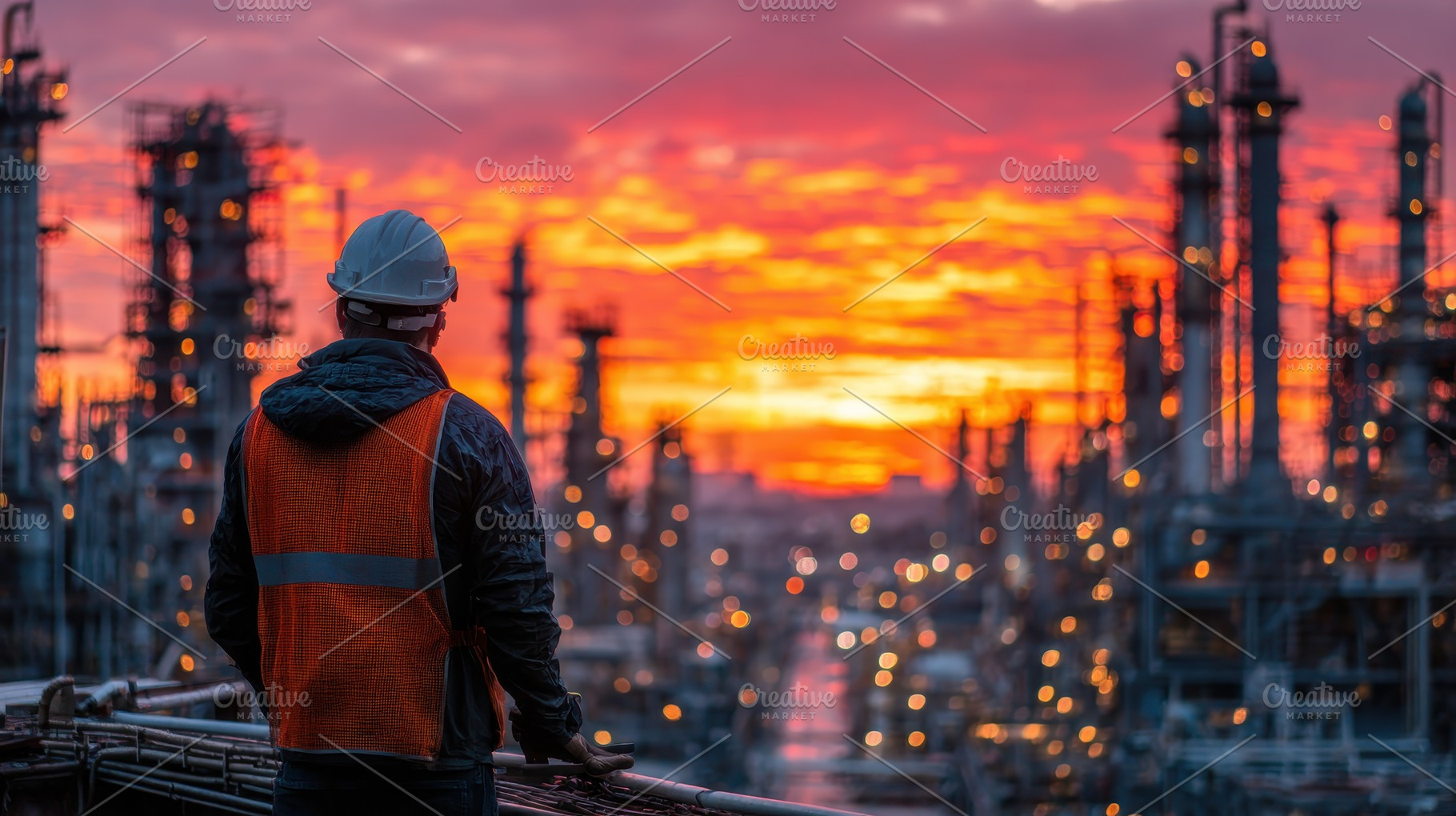 Worker at refinery sunset view indus, a Photo by Pixeness Studio