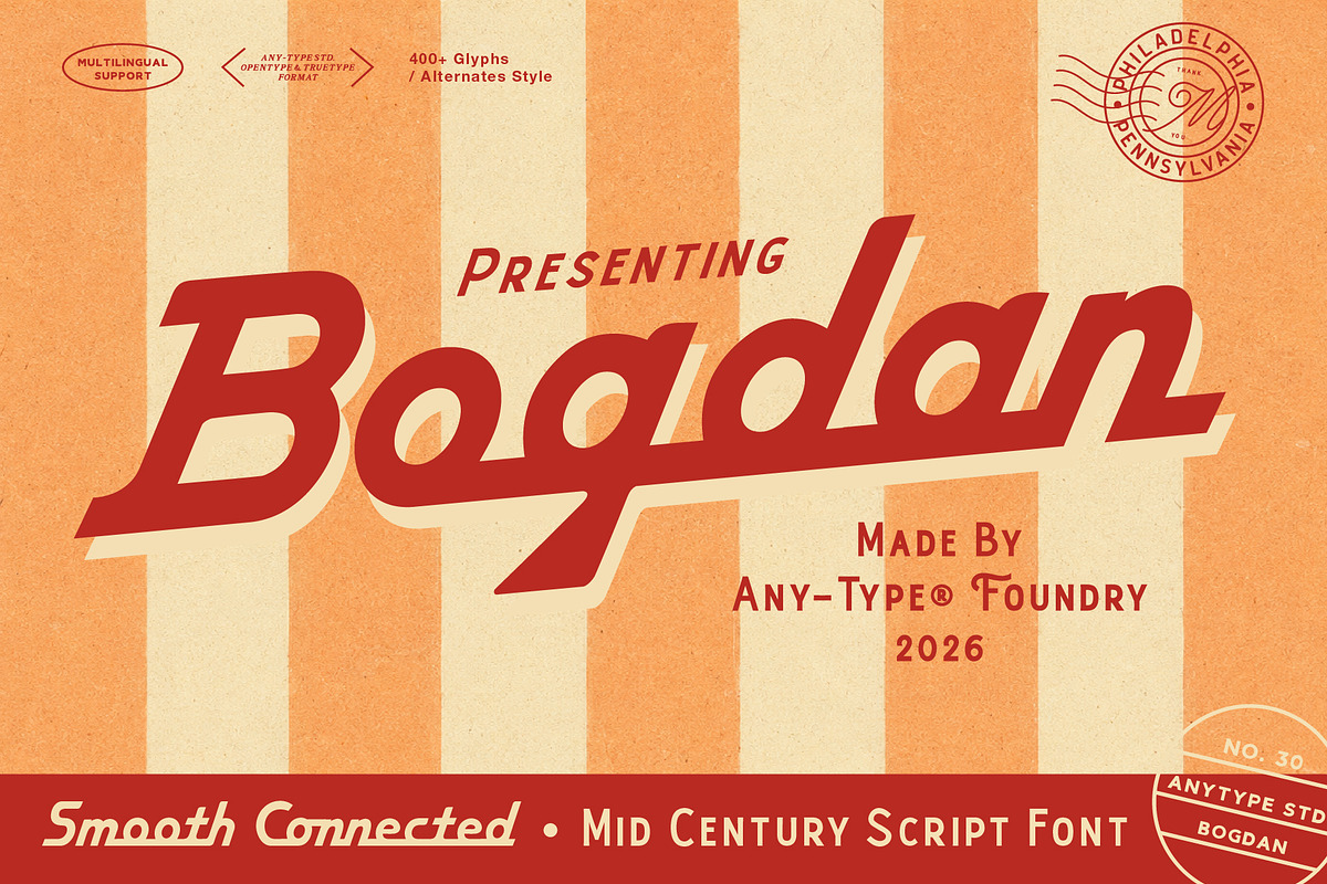 Bogdan — Mid-Century Script, a Script Font by Any-Type® Foundry (Photo 1 of 9)