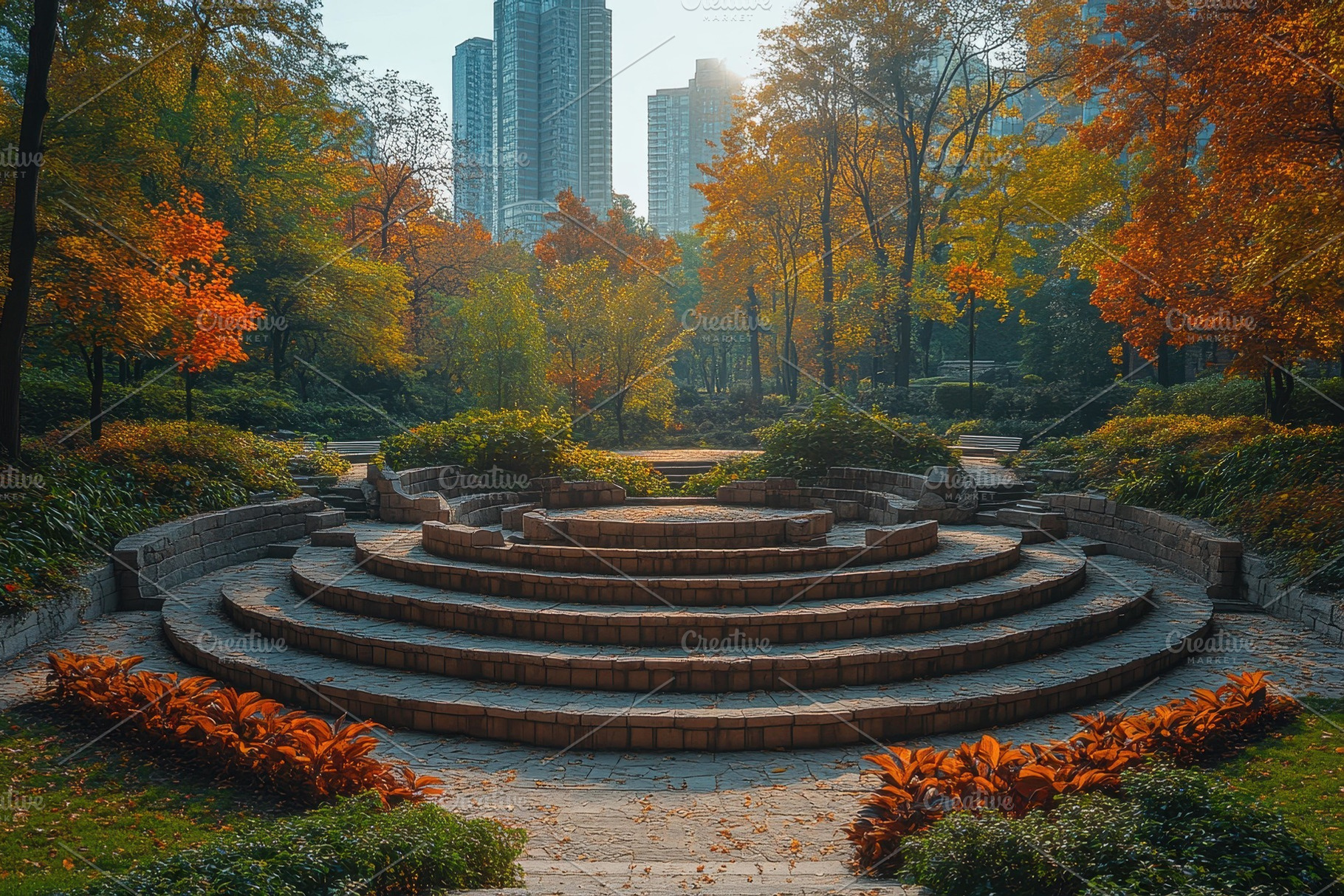 Scenic autumn park with layered seat, a Photo by Tanuart