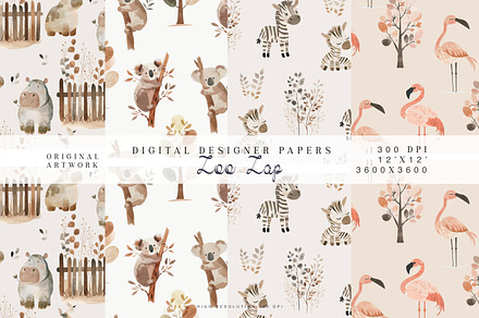 watercolor zoo seamless patterns