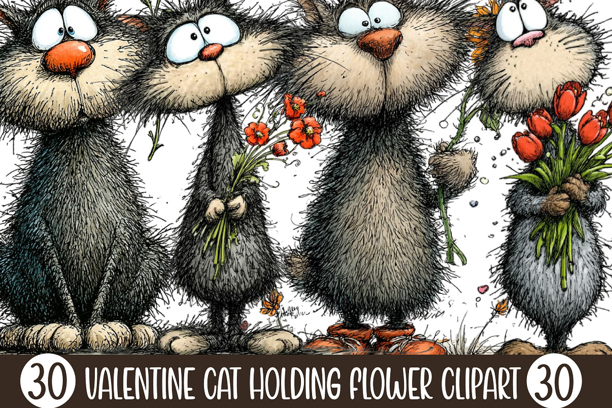 Valentine Cat Holding Flower Clipart, an Illustration by Designking (Photo 1 of 5)