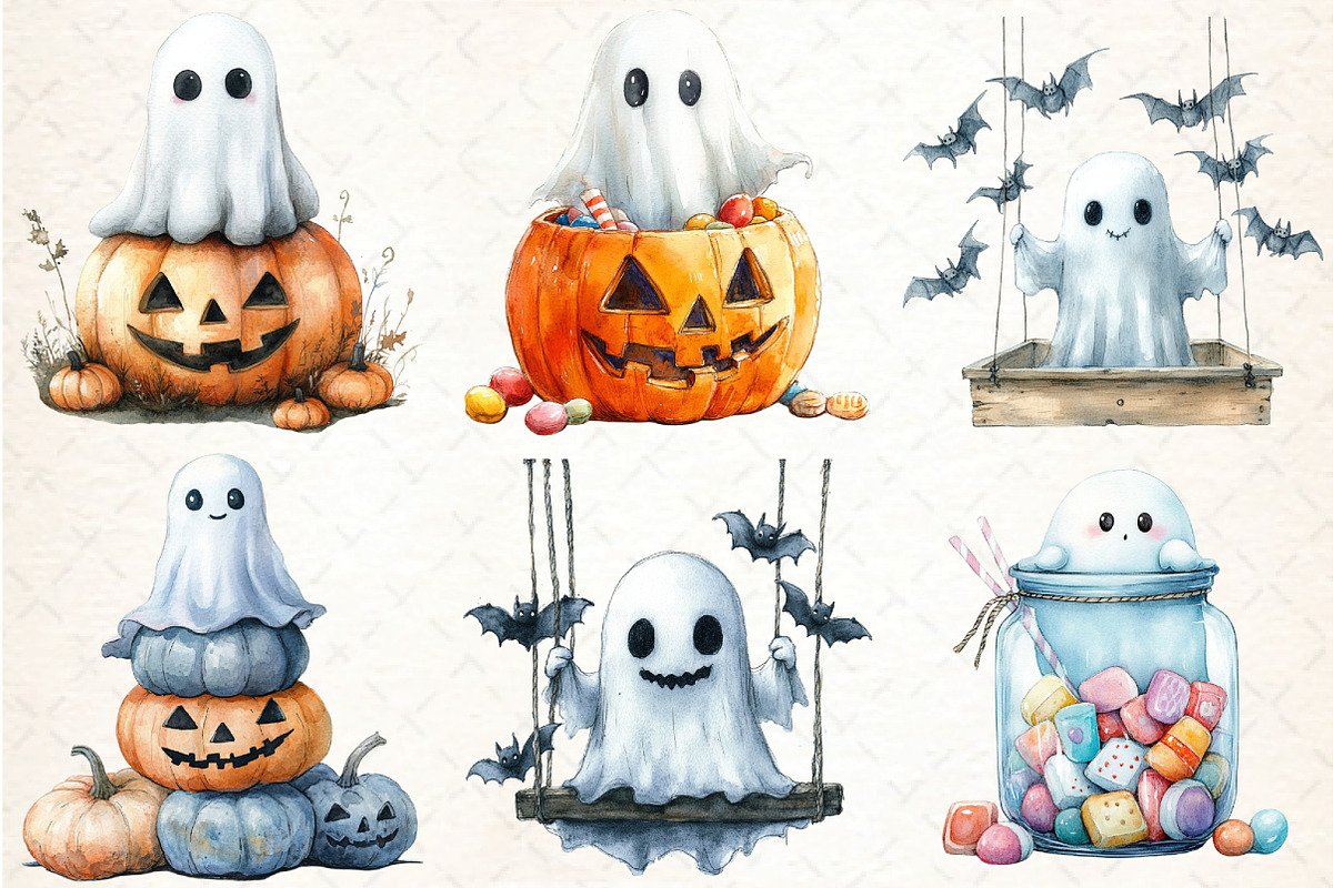 Cute Halloween Ghost Clipart, an Illustration by DreamCafeArt (Photo 2 of 5)