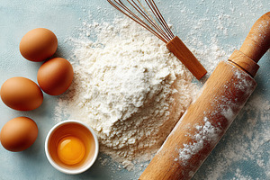 Preparing dough with flour, eggs, and a rolling pin on a kitchen counter, a Food & Drink Photo by AlyaAnd